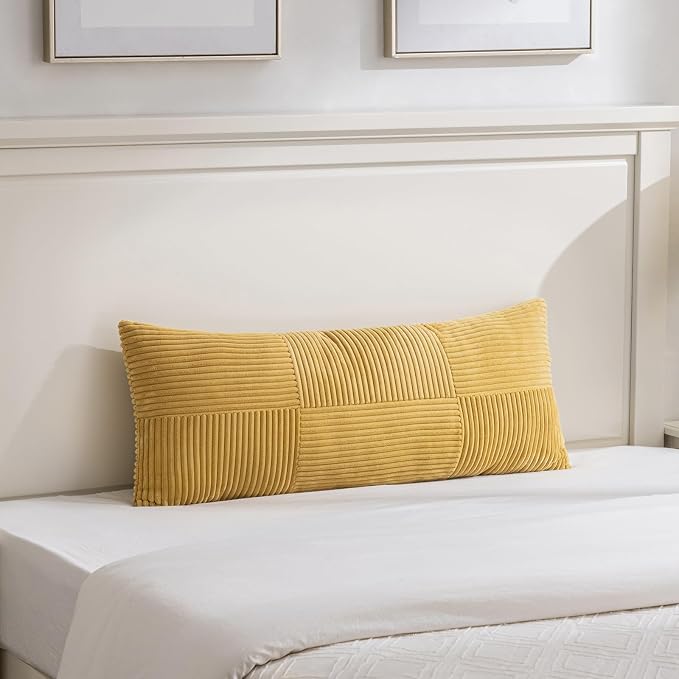 Fancy Homi Set of 1 Mustard Yellow Boho Long Lumbar Body Decorative Throw Pillow Cover 14x36 Inch for Bed Couch Bedroom Bench, Soft Patchwork Corduroy Pillow Case, Rustic Farmhouse Room Decor
