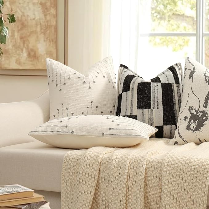 YCOLL Boho Outdoor Throw Pillow Covers 24x24 Set of 2 Neutral Woven Decorative Pillowcases Cotton Tufted Couch Pillows Modern Farmhouse Cushion Covers for Sofa Couch Bed Living Room Home Decor, Gray