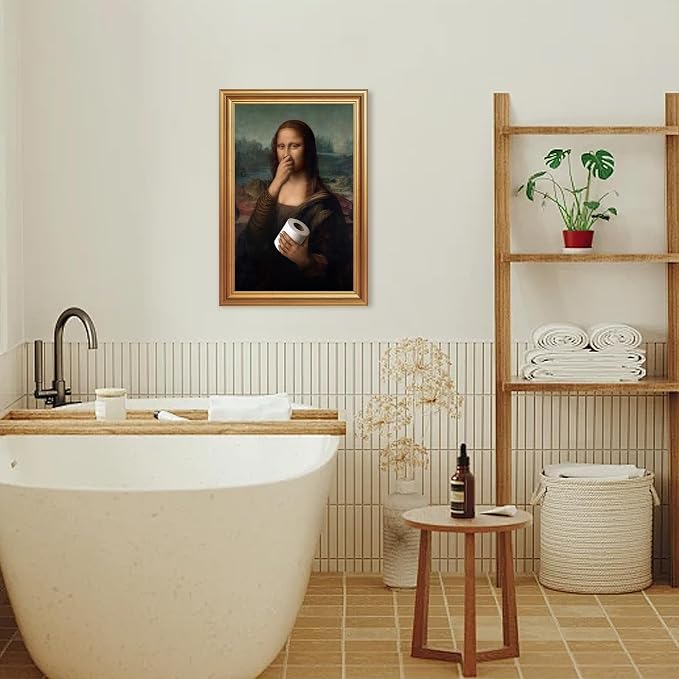 ICHZUMW Gold Framed Funny Mona Lisa Toilet Paper Canvas Wall Art, 16x24 In | Quirky Humorous Parody Painting Bathroom Wall Decor, Restroom Powder Room Guest Toilet, Fade Resistant, Ready to Hang