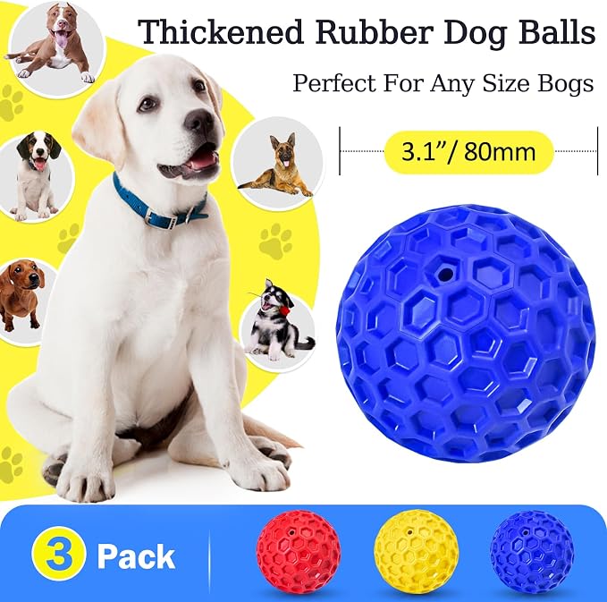3 Pack Indestructible Squeaky Dog Balls for Aggressive Chewers, Interactive Dog Toys for Teething, Relieving Anxiety. Chew Toy for Large, Medium Breeds, Outdoor Rubber Balls.