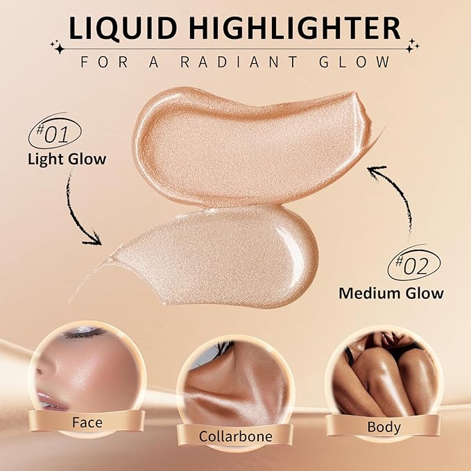 AWCCXMYM Liquid Highlighter & luminizer Longwear Body Shimmer Highlighter Makeup Hydrating Glotion for Radiant Glow Lightweight Dewy Finish Face Makeup #Light Glow