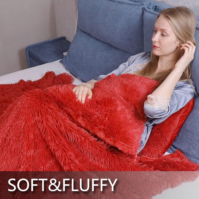 YUSOKI Long Faux Fur Throw Blanket, Red,50" x 60" | Ultra Soft, Lightweight for All Season Use, stays fluffy after repeated washes, Perfect Gifts, Machine Washable