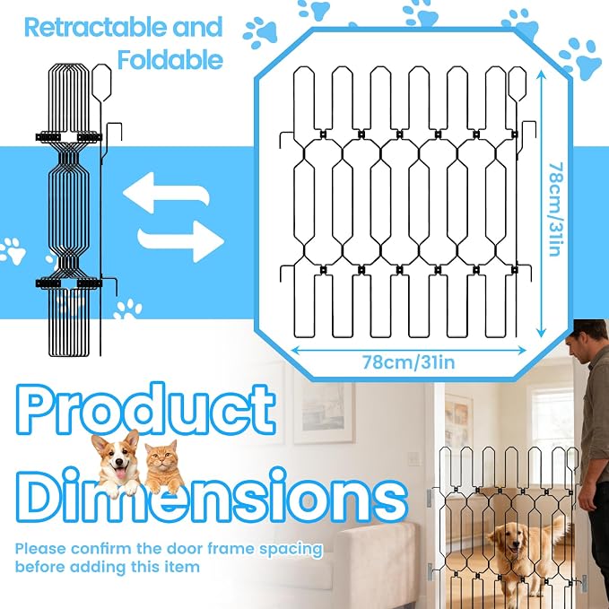 Retractable Metal Dog Gate for Front Door, Bite-Proof Pet Door Barrier, Foldable Space-Saving Wall-Mounted for Small and Medium-Sized Dogs, Easy Install Dog Gate, Indoor/Outdoor (W: 31in H: 31in)
