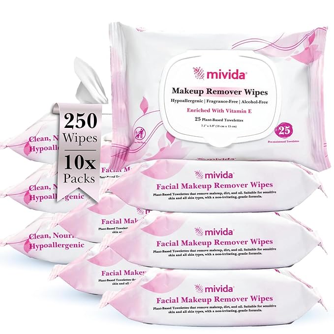 mivida Hypoallergenic Makeup Remover Wipes Bulk with Vitamin E, 250 count (10×25) Value box, Alcohol Free, Fragrance Free Makeup Wipes for Sensitive Skin, Travel Size Plant Based Facial Towelettes
