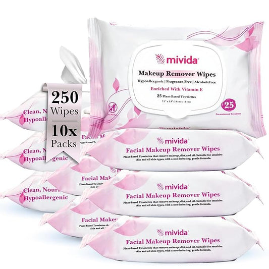 mivida Hypoallergenic Makeup Remover Wipes Bulk with Vitamin E, 250 count (10×25) Value box, Alcohol Free, Fragrance Free Makeup Wipes for Sensitive Skin, Travel Size Plant Based Facial Towelettes