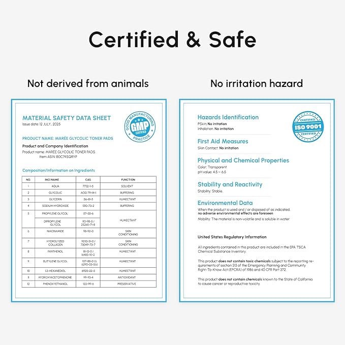 MAREE Glycolic Acid Pads - Toner Pads for Face Cleansing - Exfoliating Pad with Tea Tree Oil, Salicylic Acid & Vitamins E, B3, B5 - Acne Clearing, Skin Pore Resurfacing & Radiance Device - 50 Count