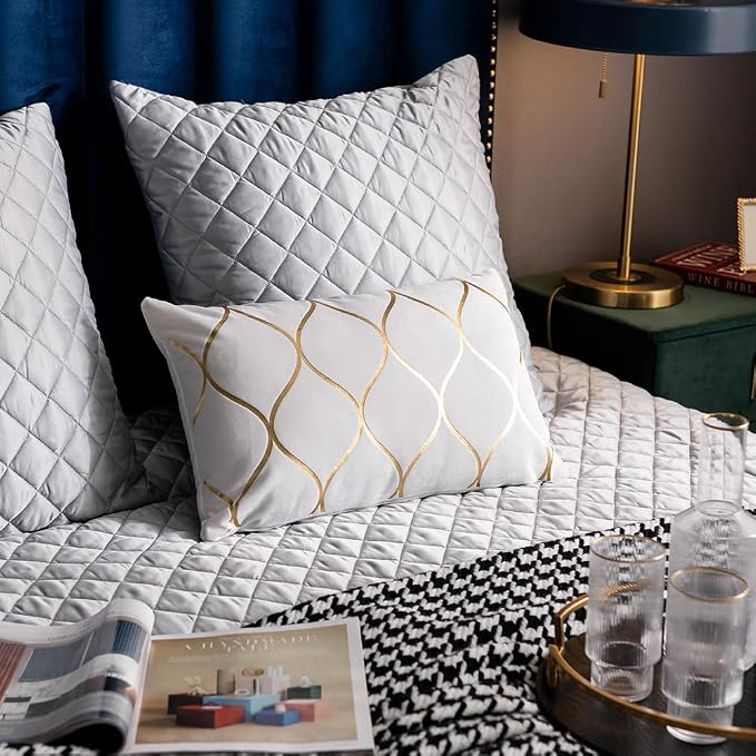 Gold Velvet Throw Pillow Covers Off White: 2 Pack 12x20 Inch Rectangular Decorative Pillow Cases for Bedroom Sofa Couch Living Room