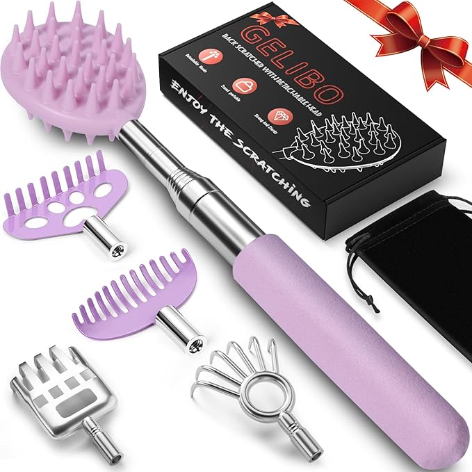 Gelibo Telescoping Back Scratcher with 5Pcs Detachable Heads, Extendable Back Massager Tool, Fathers Day Dad Gifts from Wife Daughter Son, Mens Gifts, Husband with Beautiful Box - Purple