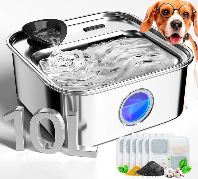 oneisall 10L/2.6Gal Dog Water Fountain for Large Dogs (with 6 Filters) | Deeper & Wider Drinking Area, Visualization Water Window & Triple Filtration,304 Stainless Steel