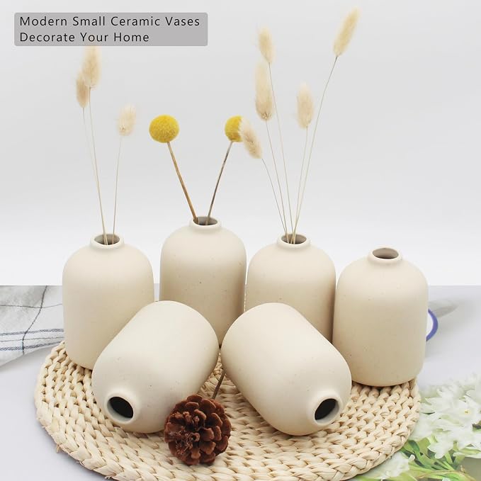 YANLING 6 Pack Small Boho Vase for Flowers Home Decor, Ceramic Vases | for Pampas Grass Simple Shelf Vase, Bud Vases for Wedding Dinner Table Party