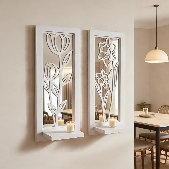 ZEXUIRU 2 Set Rustic Candle Sconces Living Room Bedroom Entryway Wood Mirrored, Farmhouse, Carved Frame Wall-Mount Wooden Candle Holders Wall Decor Hanging Handmade Holder - Distressed White
