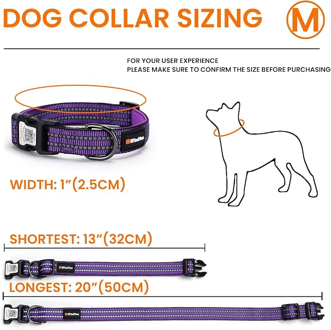 Personalized Dog Collar with QR Code Dog Tag, Purple M | Anti-lost, 1000D nylon, reflective, padded, XS-L(8"-24"), QR buckle shares lost pet profile, location alerts when scanned