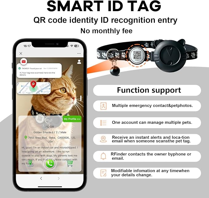 Smart GPS Cat Tracker Collar with QR Code - Waterproof Pet Locator for Small to Large Cats - Compatible with Apple Find My - No Monthly Fees - Advanced Tracking Solution