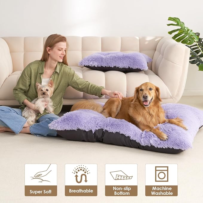 EHEYCIGA Fluffy Dog Crate Bed, Plush XX Large Dog Pillow, Purple | Xlarge Calming Anti Anxiety Plush Faux Fur Mat for Large size dogs, Washable Soft Warm Dog Pad with Non-Slip Bottom