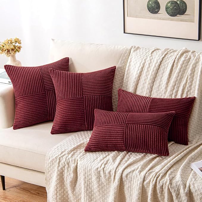 MIULEE Burgundy Decorative Throw Pillow Covers for Couch 20x20 Inch | 2 Pack, Boho Farmhouse Pillow Covers, Soft Cross Corduroy Patchwork Textured Cushion Cases For Bed Sofa