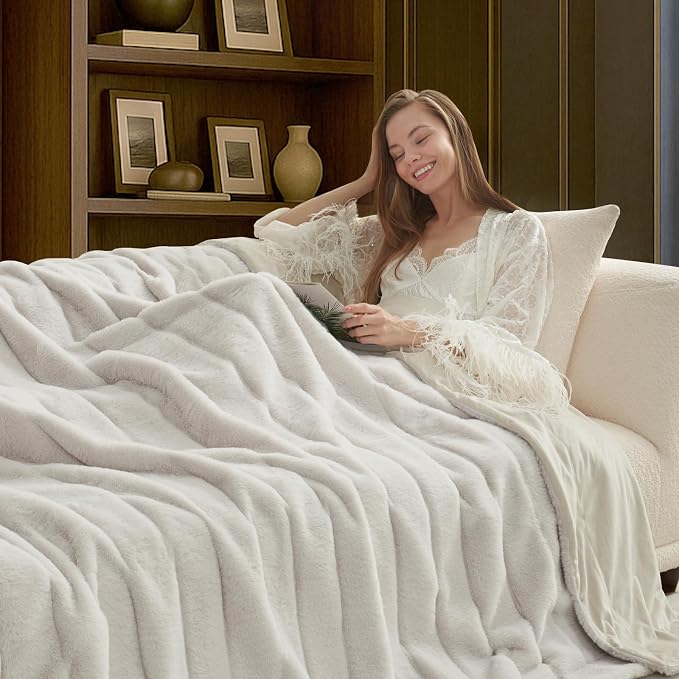 Cozy Bliss Deluxe Sheared Rabbit Faux Fur Throw Blanket, Soft Fuzzy High-Low Sculpted Plush Blanket for Couch, Cozy Home Accent, All Season Use, Beige 60"x80"