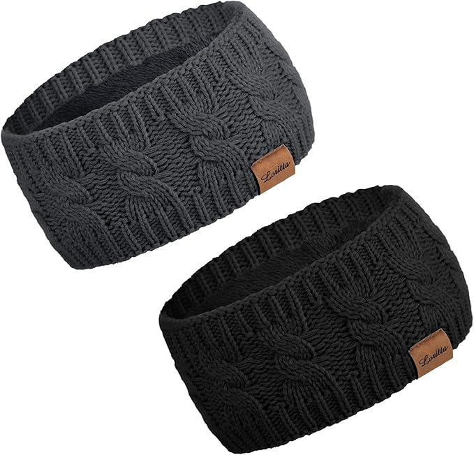 Loritta 2 Pack Headbands for Women Winter Warm Cable Knit Ear Warmer Thick Head Wrap Fuzzy Fleece Lined Gifts