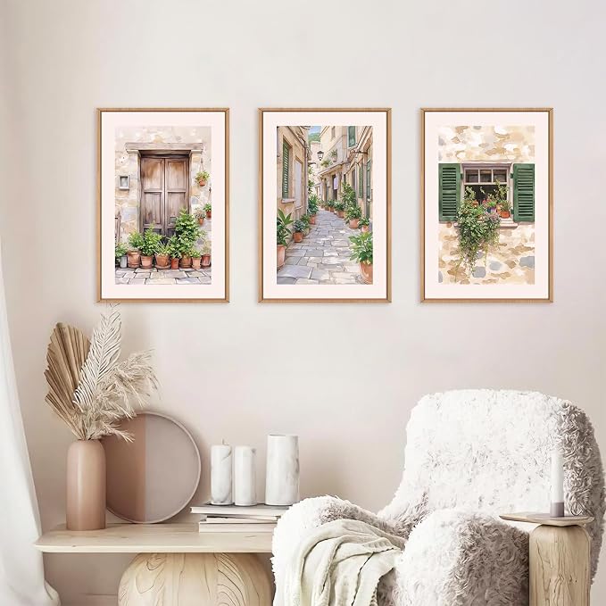 FWIEXA Italy Streets Travel Framed Wall Art Set, Green Botanical Wall Decor, Vintage Italian Style Countryside Villages Wall Print, Potted Plant Canvas Artworks, 3 Pieces Nature Landscape Painting for Bedroom, Office, Living Room