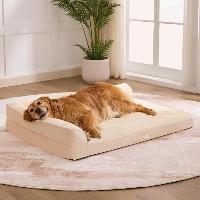 XL Orthopedic Dog Bed for Large Sized Dogs, 42"x30"x7.5", Beige | Waterproof, Washable Cover, L-Shaped Pet Couch, Egg-Crate Foam for Pressure Relief, Portable Handle