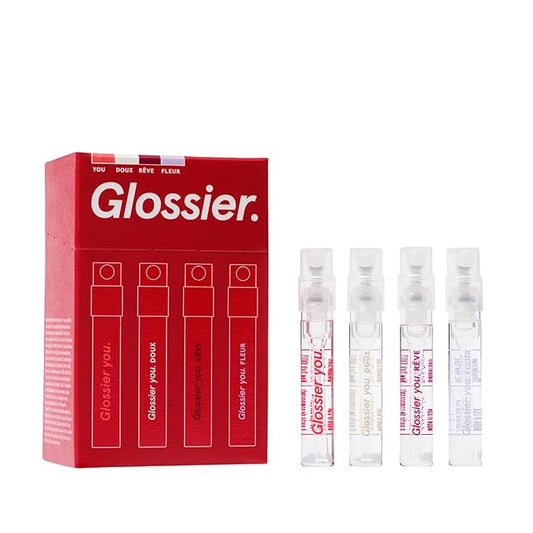 Glossier You Mini Wardrobe Fragrance Set - 4 Unisex Travel Size Eau de Parfum for Women & Men - Skin-Scent Enhancer Perfume Sampler, Smells Different on Everyone - You, Fleur, Doux, Rêve - 1.5ml Each