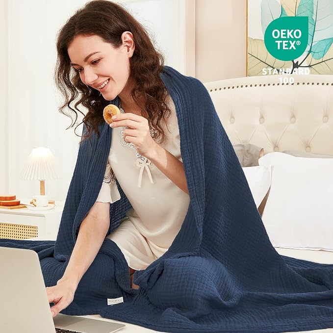 EMME Muslin Blankets for Adults Throw Blanket for Couch Breathable Gauze Soft Lightweight Airy Navy King 108" x 90"