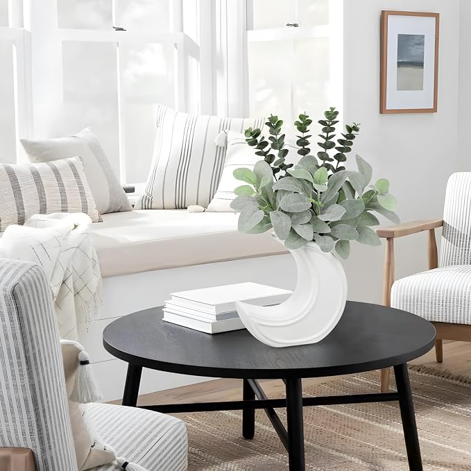 Fake Eucalyptus Plant in Crescent Moon Vase, 17" Faux Greenery Potted Plant, Rustic Moon-Shaped Ceramic Planter with Artificial Eucalyptus Leaves for Table Centerpiece Shelf Office Farmhouse Decor