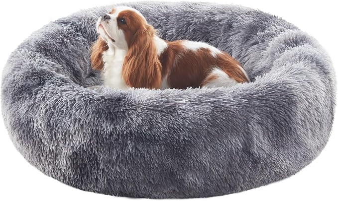 30 in Faux Fur Fluffy Donut Dog Bed for Medium Dogs,Tie-dye Grey | Calming Plush Round Pet Bed with Removable & Washable Cover,Fits up to 45 lbs Pets