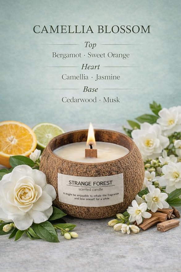 Camellia Coconut Shell Scented Candle for Home, Natural Soy Wax Wooden Wick Candle, Handmade Non Toxic Aromatherapy Candle Gifts for Women, 50 Hour Long Lasting Decorative Candles