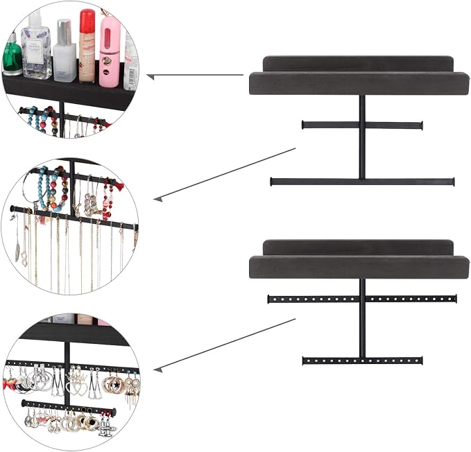 Keebofly Hanging Wall Mounted Jewelry Organizer with Rustic Wood Jewelry Holder Display for Necklaces Bracelet Earrings Ring Set of 2 Black,[Patented]