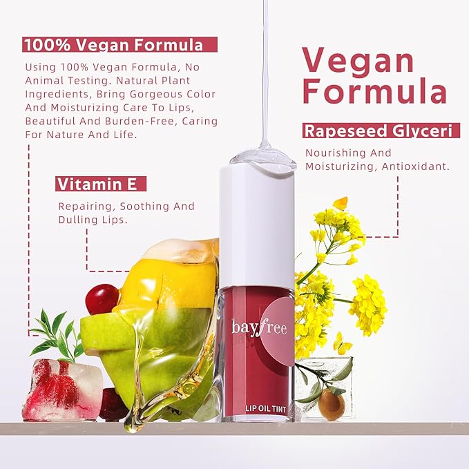 bayfree Hydrating Tinted Lip Oil, Korean Lip Gloss with High Shine & Pigmented Color, Lightweight Non-Sticky Formula for Dry Lips, Vitamin E Enriched for All-Day Moisturizing, Vegan & Cruelty-Free
