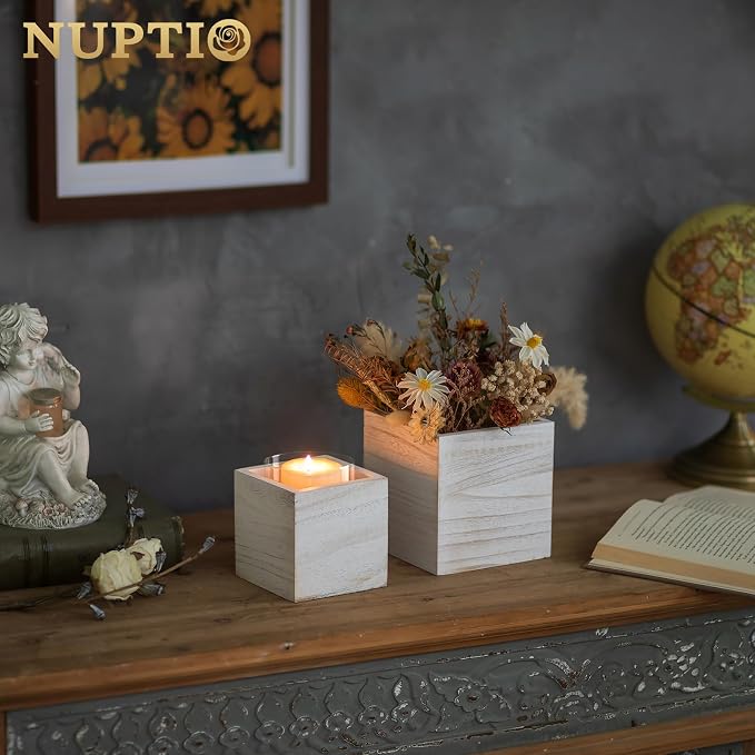 NUPTIO Small Wooden Box for Centerpiece, Whitewashed, Square, 4"/5", 12 Pcs | Farmhouse Wood Vases Planter, for Fall Decor, Windowsill, Home, Garden