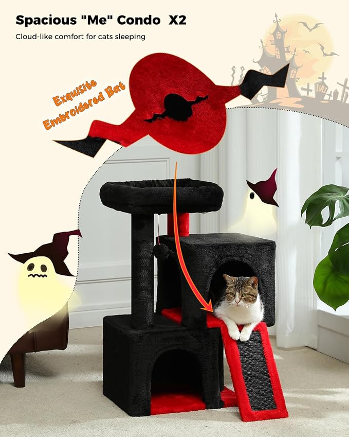 PAWZ Road 30" Cat Tree, Gothic Cat Tower with 2 Condos for Indoor Cats | cat trees for small cats,cat houses with scratching ramp and posts,dual condos&top perch with bat toys