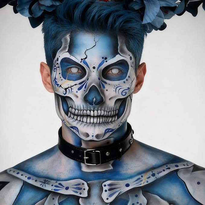 Black White Blue Face Body Paint 1.01oz/pc with 3 Sponges,Water Based Royal Blue Face Paint Kit for Avatar Corpse Bride Sally Skeleton Makeup,Halloween Costume Cream Face Painting Kit