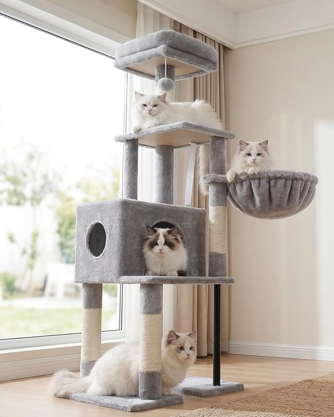 Heybly Cat Tree with Toy, 49.2 inch Cat Tower for Indoor Cats HCT200SW-1 | Spacious Cat House Condo with Hidden Space，Soft Plush Top Perch，Cozy Hammock and Sisal Scratching Posts, Light Gray