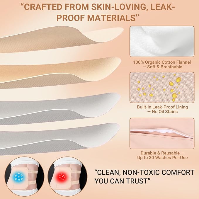 4 Pcs Castor Oil Pack Wrap Organic Cotton for Liver Detox, Stomach, Neck & Breast, Knee, Foot & Entire Body, Reusable Compress Castor Oil Pads Kit with Adjustable Elastic Strap, Anti Oil Leak
