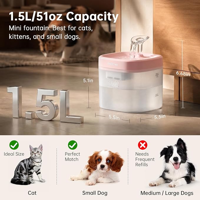 PAWGETHER® Cat Water Fountain with Wireless Pump 51oz/1.5L Dog Water Fountain, Ultra Quiet Automatic Pet Water Fountain Portable Indoor Ourdoor Travel Small Dog Water Dispenser with Adapter Pink