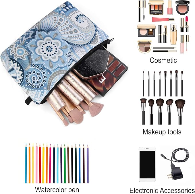 MAGEFY Makeup Bags for Women, Portable Travel Cosmetic Bag with Black Zipper Pouch Waterproof Makeup Pouch Multifunctional Small Bag for Women (1 pack, blue flower 0175)