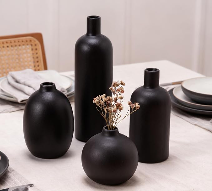 Black Ceramic Vase Set of 4, Classic Matte Small Vases Home Decorations for Table Shelf Office Centerpieces Decor