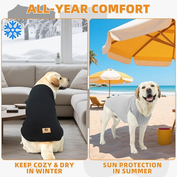 Boy Dog Clothes for Large Dogs, 2 Pack Cotton Summer Dog T Shirts UV & Insect Protection for Outdoor Camping, Anti-Hair Loss & Breathable Sleeveless Pet Vest Tank Tops Apparel, Black&Grey,XXL