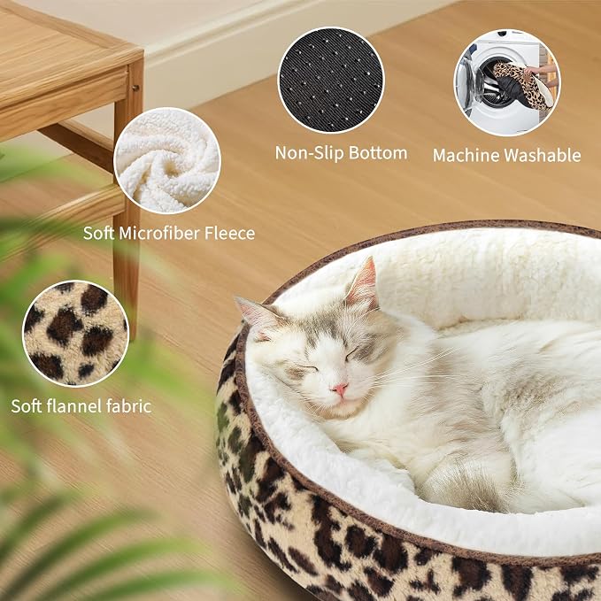 Zerbuger 20in Leopard Round Dog Bed Sofa for Dogs Cats, Machine Washable | for Small/Medium/Large Dogs Cats, Foam Pet Couch with Removable Mat Non-Slip Bottom, Pet Cuddler for Indoor/Outdoor/Car/Cage