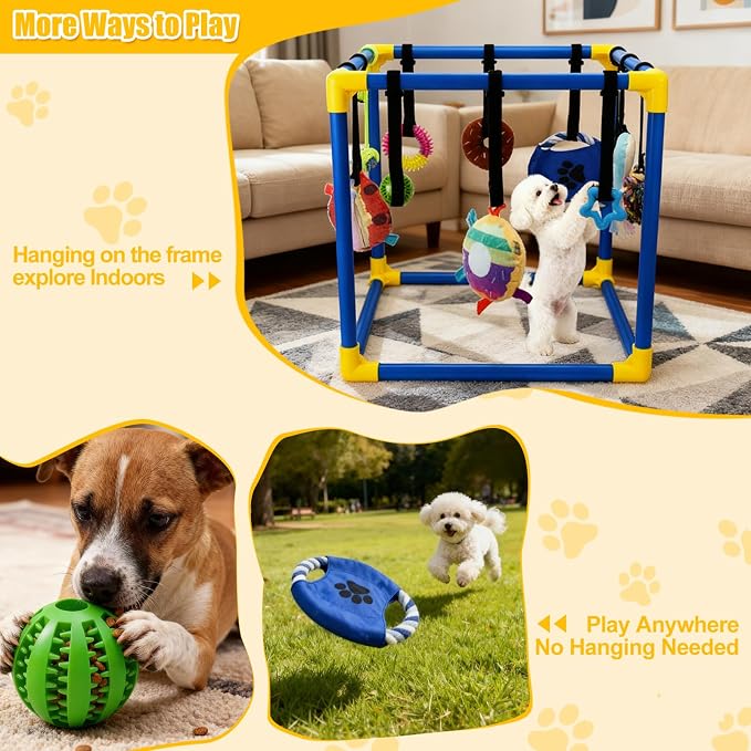 Puppy Play Gym with 12 Toys, Removable Dog Enrichment Playground, Interactive Indoor Training Activity Center for Small Dogs & Puppies, Teething & with Squeaky Toys, Fixable, 12 Toys