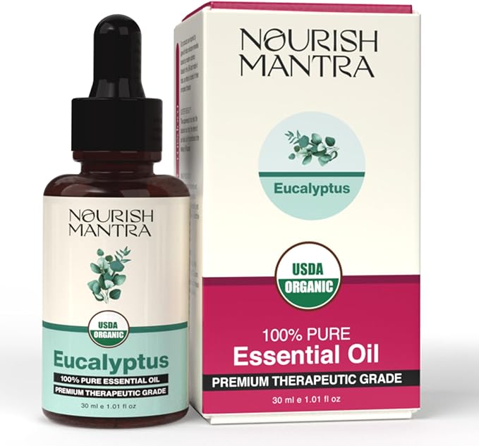 Nourish Mantra Organic Eucalyptus Essential Oil for Massage, Aromatherapy & Skin |100% Pure, USDA Certified Organic Eucalyptus Essential Oil | Perfect for Diffuser, Home & Car