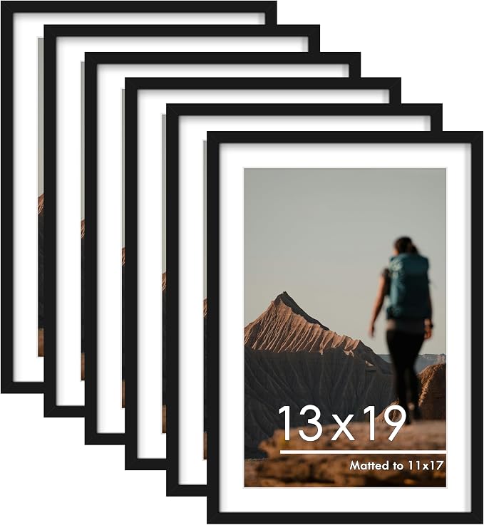 13x19 Picture Frame Set of 6, Wall Mounting Display, Black | Display 11x17 with Mat or 13x19 Without Mat, Horizontal or Vertical, Poster Frame Set for Wedding & Room & Home Decor
