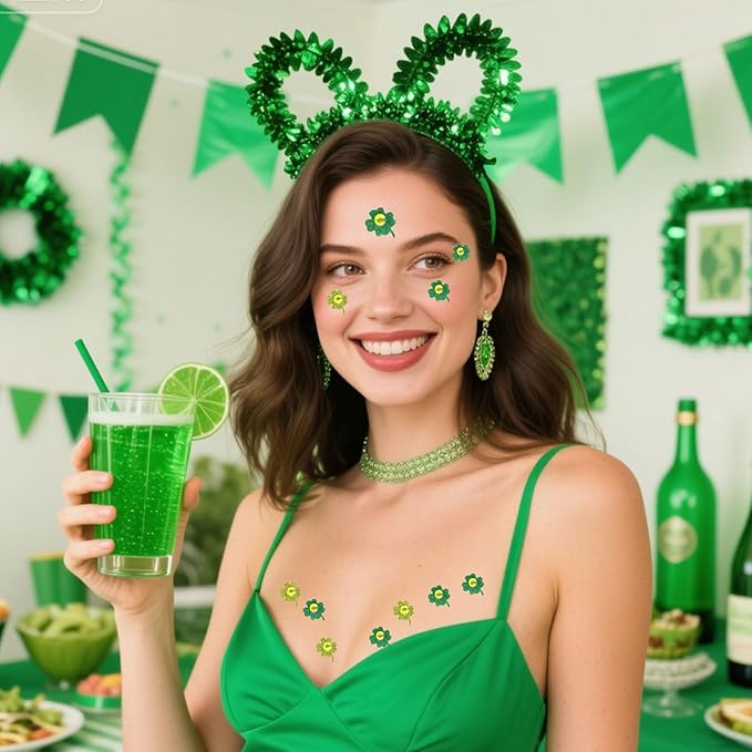50 Pcs Glitter St. Patrick's Day Face Gems, Green Shamrock Face Jewels with Gold Glitter, Self-Adhesive Face & Body Gems for Festival Party, Irish Theme Makeup Supplies