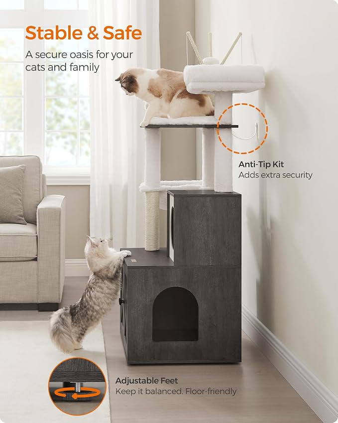 Feandrea Cat Tree with Litter Box Enclosure, 59-Inch Modern Cat Tower | 2-In-1 Condo with Scratching Posts, Washable Removable Cushion, Misty Gray UPCT113G02