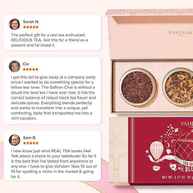 VAHDAM, BLUSH - Assorted Tea Gift Set, 3 Premium Teas in Tin Caddy Presentation Box | Loose Leaf Teas | Gift for everyone