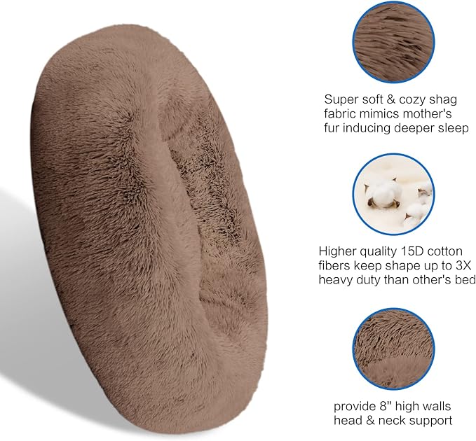 SAVFOX 45 inches Calming Donut Dog Bed - 3X Durable Plush Faux Fur, Machine Washable & Non-Slip, Fits up to 150 lbs, Brown