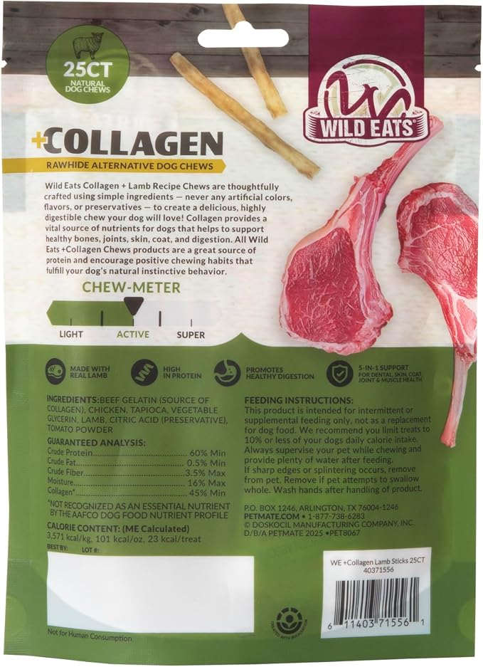 Wild Eats Lamb Collagen Sticks for Dogs, 25 Pack, Bully Stick Alternative | Rawhide and grain free no hide chew treats, 0.6 cm chew width, high protein, long lasting, satisfies natural gnawing urges