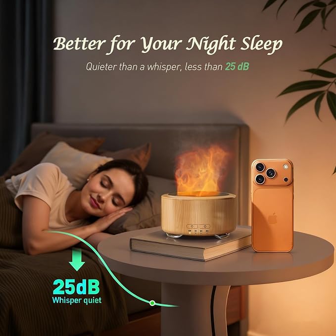 Essential Oil Diffuser for Home: 500ML Aroma Diffuser with Fireplace Flame Light & 9 Colors LED Improved - Quiet <25dB Cool Mist Humidifier for Bedroom Office Yoga Room