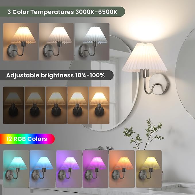 Wireless Wall Sconce Sets of 2, Pleated Shades Rechargeable Battery Operated Wall Sconce, Retro gooseneck Brushed Nickel Bathroom Vanity Lights, Wall Mounted Lamps for Bedroom Living Room Hallway